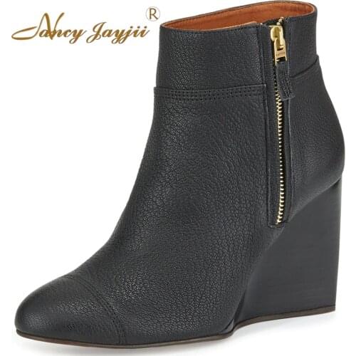 Women Genuine Leather Winter Snow Black Suede Point Toe Wedges Ankle Boot Shoes for Woman zapatos botas mujer plus size 5 14