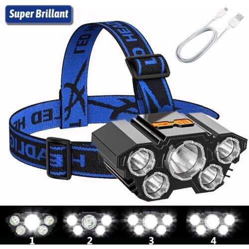 Headlamp 4 Modes Work Headlight USB Rechargeable 5LED Head Lamp Waterproof for Camping Hiking Hard Hat Workers