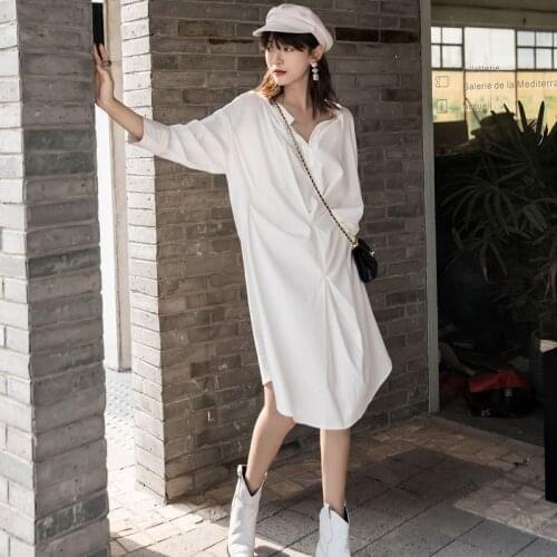 GOOHOJIO New 2020 Women Spring Summer Shirt Dresses Casual Hollow Out Loose Slit Cross Fashionable Pleated White Dresses White