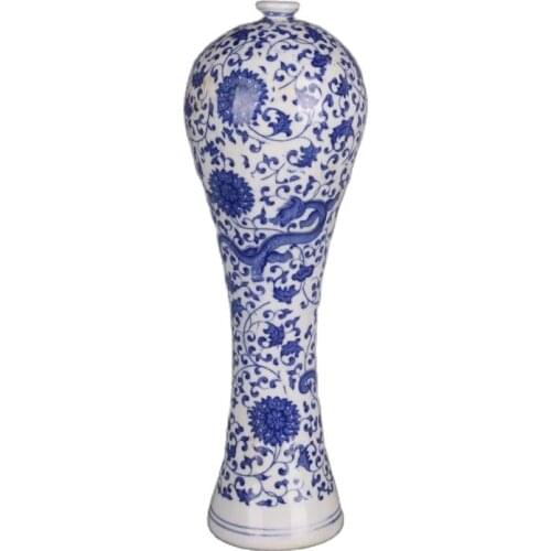Chinese old Blue and white porcelain ornaments dragon small mouth tall vase