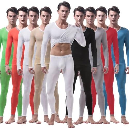 Mens Thermal Underwear Suit Sexy Ultra-thin Long Johns Lce Silk Translucent Lounge Pajamas Men Tights Undershirt leggings sets