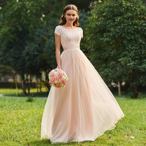Tanpell lace bridesmaid dress scoop neck cap sleeves floor length a line gown women wedding party formal long bridesmaid dresses