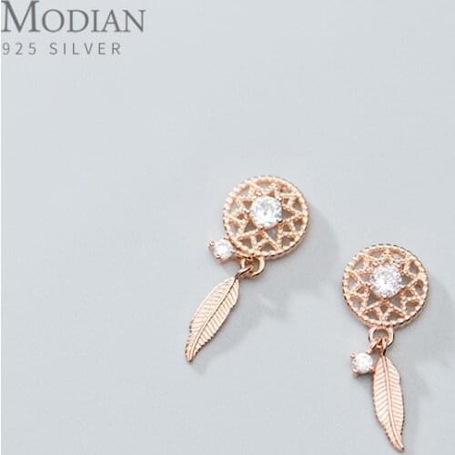 MODIAN Feather Dangle Earring for Women Gift 925 Sterling Silver Dreamcatcher Drop Earring Wedding Engagement Statement Jewelry