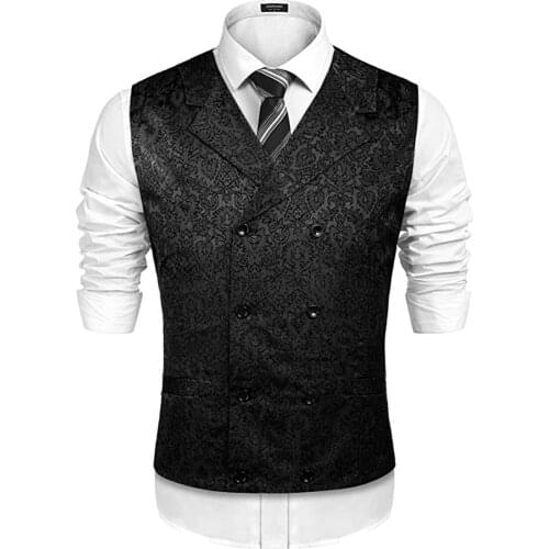 Mens Damask Floral Double Breasted Vest Lapel Victorian Era Vest Steampunk Slim Vest