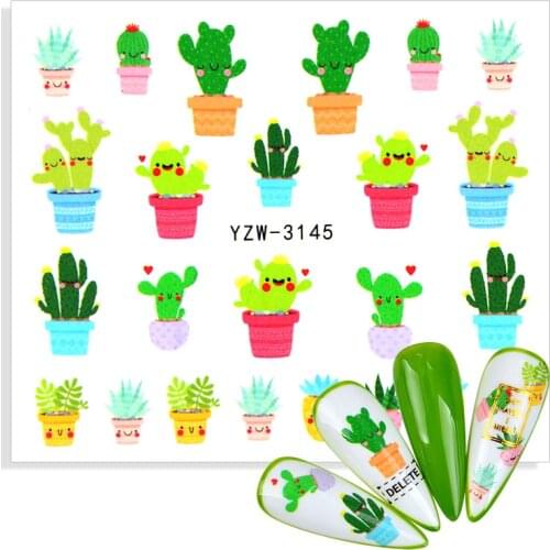 2021 New Cute Cartoons Cactus Sticker for Nail Leaf Water Transfer Slider Decals Manicure Nail Art Decoration Watermark Decals