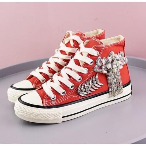 2021 autumn and winter new crystal diamond heavy industry tassel high-top canvas shoes orange womens shoes