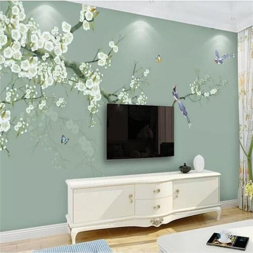 Custom wallpaper new Chinese hand-painted flowers and birds TV background wall decoration - high quality silk fabric