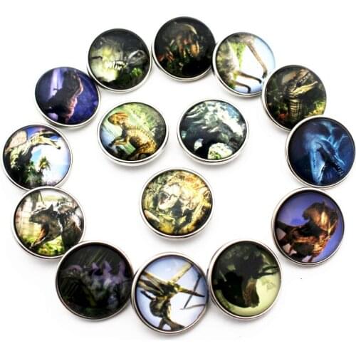 Wholesale 10pcs/lot New Snap Charms Jewelry High Quality Dinosau Print Glass Snap Buttons Fit 18mm DIY Snap Bracelet Necklace