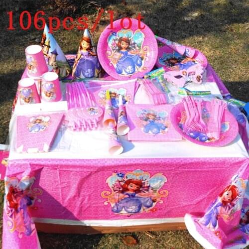 Disney Princess Sofia Theme Design 106Pcs/Lot Pink Disposable Tableware Girls Birthday Party Decoration For Family Party Supply