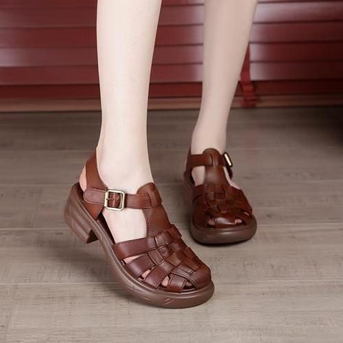 2021 New Women Real Leather Shoes Summer Sandals Buckle Strap Hollow Out Beach Sandals Cool Ladies Footwear
