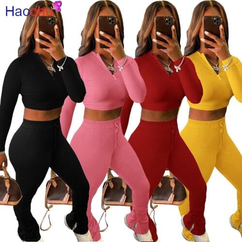 HAOOHU Sportwear Solid Classic Womens Set Long Sleeve Zipper Top Slit Flare Pant Set Tracksuit Fitness Two Piece Outfits Set