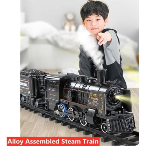 High Simulation Alloy Steam Train Track Railway DIY Assembly Train Toy Sound Water Atomize Smoking Railway Boy Educational Toys