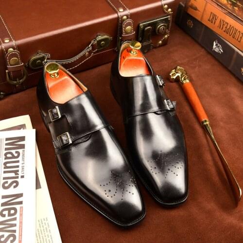 Luxury Men Leather Shoes Brogues Full Grain Genuine Calf Leather Formal Shoes Men Dress Monk Straps Office Shoe Men Elegant 2021