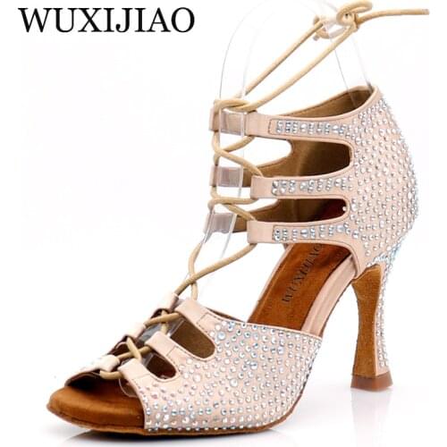 WUXIJIAOWomen Latin Dance Shoes apricot Satin Shining Big small rhinestone dancing shoes Narrow foot Adjust width Cuban heel 9cm