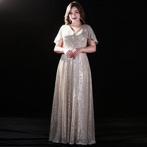 Evening Dress Zipper Back Fashion Ruffles Short Sleeves Empire Floor-Length Sequins A-Line New Plus Size Women Formal Gowns D877