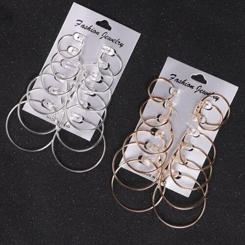 Woozu 6Pairs/set Vintage Gold Silver Color Big Circle Earrings Metal Ear Clip For Women Statement Earring Fashion jewelry