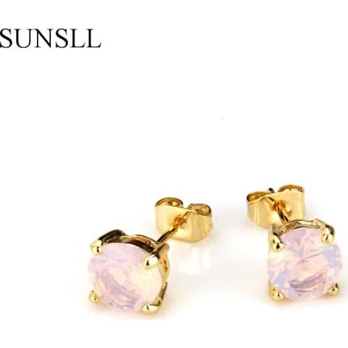 SUNSLL Golden Color Copper Pins Pink Color Cubic Zirconia Round Stud Earrings Womens Fashion Party Jewelry CZ Brincos