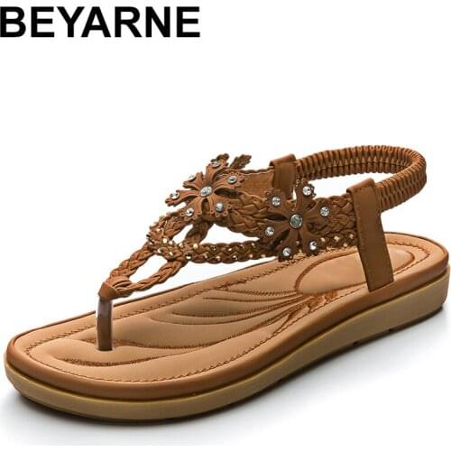 BEYARNE Handcrafted Weaving Diamonds Stripes&Flowers Women Suede Flip-flop Sandals ft. Stitching Padded Lambskin Foot-bed