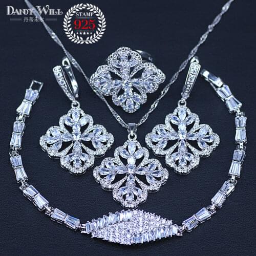Dubai style Women White Zircon silver color Jewelry Sets Bracelets Pendant Necklace Rings Earrings With Stones Costume Jewelery