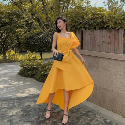 Party Dresses Women Evening Elegant Irregular Flare Bow Tie Sleeveless Night Club Long Maxi Dresses For Women 2021 Yellow Dress