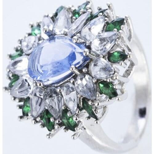 Trendy Silver Color Navy Blue Water Drop Crystal Zircon Rhinestone Female Ring for Women Wedding Engagement Jewelry