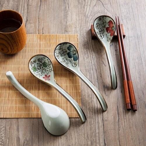 1pc Household Japanese Style Spoon Ceramic Long Handle Spoon Creative Kitchen Cutlery Mixing Spoon