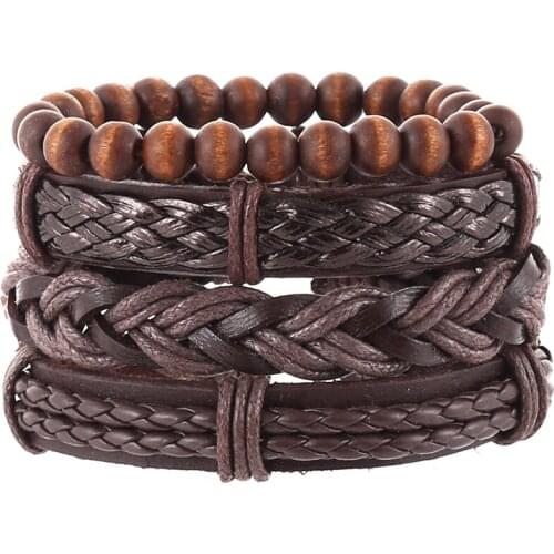 4pcs/set dark brown leather band wax cord knots round wood beads hippie punk Layers stackable wrap wide man Bracelet Bangles