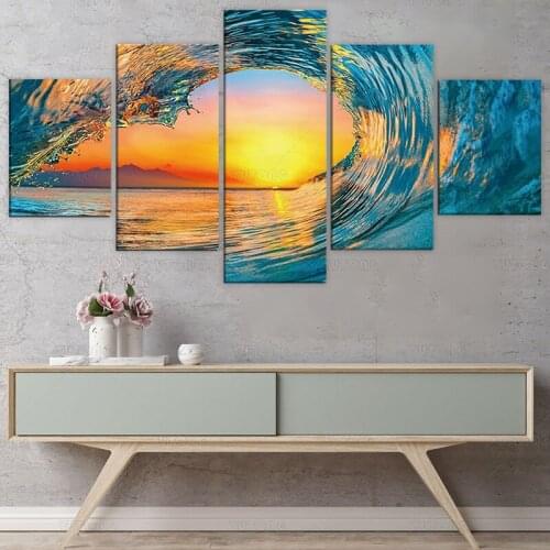 5 Piece Wall Art Sunset Waves Seascape Poster Canvas Painting Ocean Landscape Pictures for Living Room Home Décor