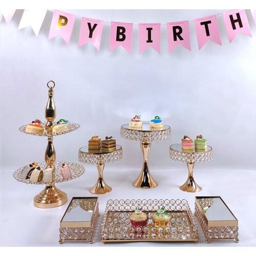 7PCS Gold Mirror Metal Cake Stand Round Cupcake Wedding Birthday Party Dessert Pedestal Display Plate Home Decor