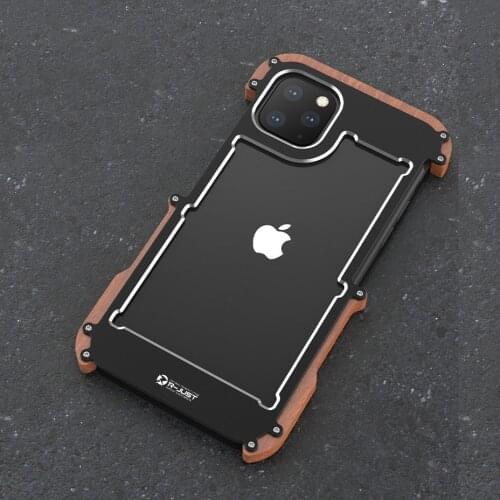 R-Just Aluminum Metal Case For iPhone 11 Pro Back Cover Shockproof Case For iPhone 11 11 Pro Max Wood+Metal Anti-knock Cover