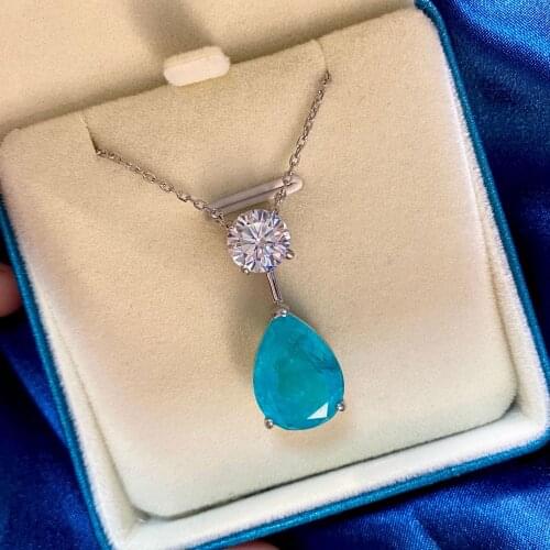 Solid Silver 925 Jewelry Necklace 12*16MM Water Drop Paraiba Tourmaline Simulated Moissanite Diamond Pendant Necklaces