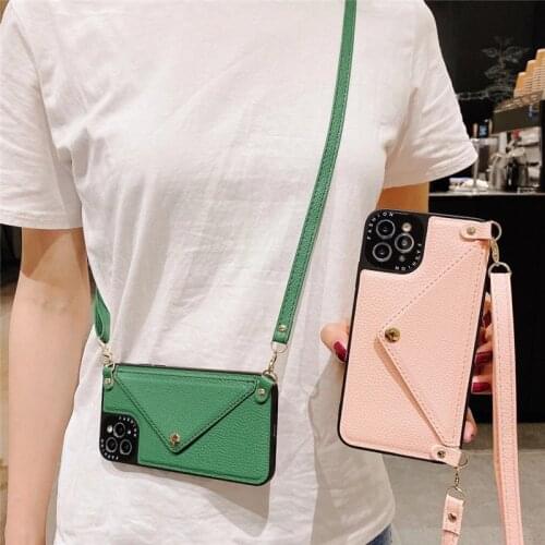PU Leather Neck Strap Phone Case for iPhone 12 PRO X XR XS 11 PRO MAX 7 8 PLUS SE 2020 Card Holder Crossbody Bag Lanyard Cover