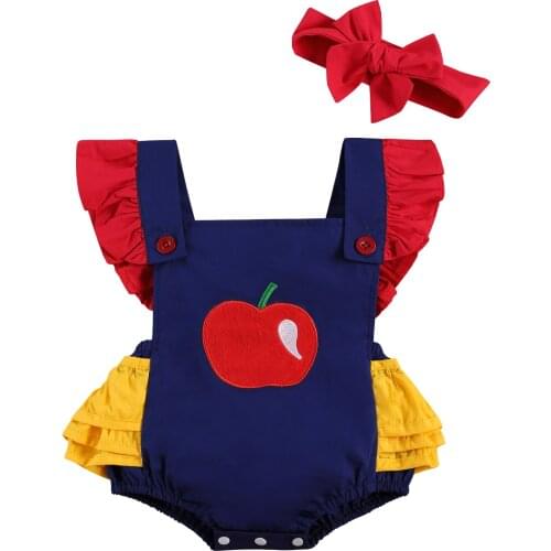 Infant Baby Girl Clothes Cute Ruffle Sleeveless Backless Apple Pattern Romper + Headband 2Pcs Clothing Set
