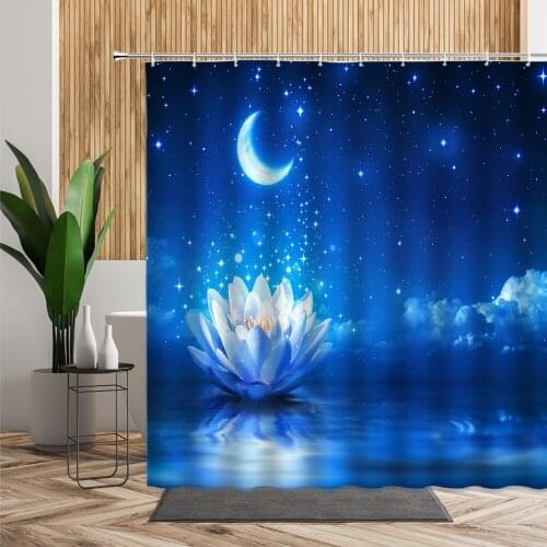 Fantasy Blue Bathroom Shower Curtain Lotus Moon Lake Bath Decor Accessorie Romantic Night Starry Creative Wall Covering Curtains