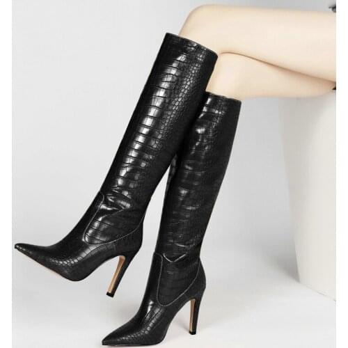 Women Knee High Boots Fashion Artificial Crocodile Pattern Leather Thin Bottom Stiletto Heel Winter Boots Long Sleeve Warm Boots