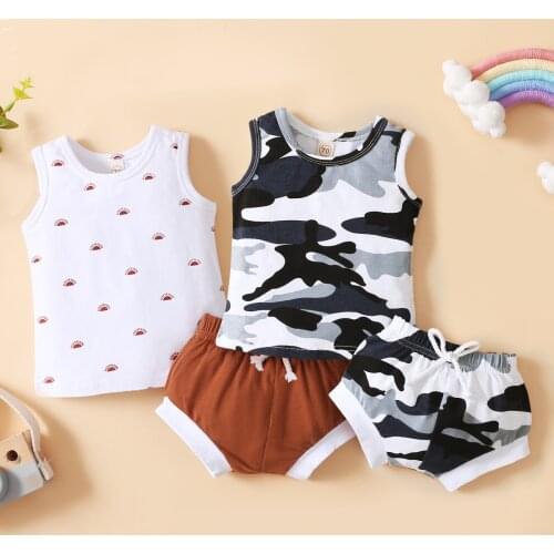 Toddler Boys Girls 2PCS Summer Infant Outfits Baby Casual Sleeveless Cotton Printed Tops + Elastic Waist Shorts Set