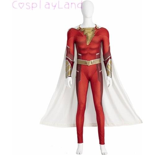 Captain Shazam Costume Halloween Cosplay Superhero Fury of the Gods William Jumpsuit Adult Men Red Bodysuit White Cape