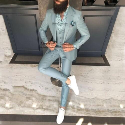 Handsome Three Pieces Mens Suits Peaked Lapel Tuxedos For Male Clothing With Trousers Slim Fit Prom Blazers (Jacket+Pants+Vest)