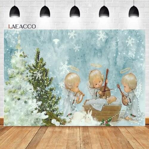 Laeacco Christmas Shiny Pine Trees Snow Winter Little Angel Backgrounds Baby Photocall Poster Portrait Photography Backdrops