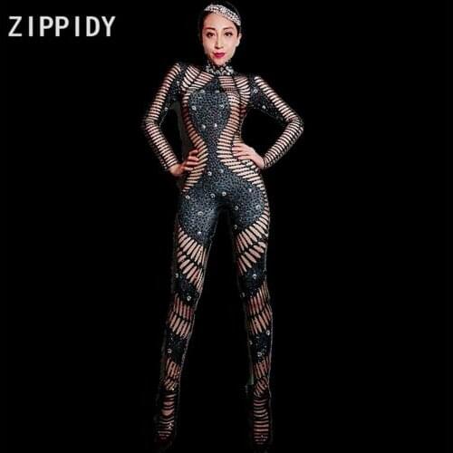 Fashion sexy Black Rhinestones Long Sleeves Spandex Jumpsuit Womens Party Bodysuit Evening Outfit Female Singer Stage Dance