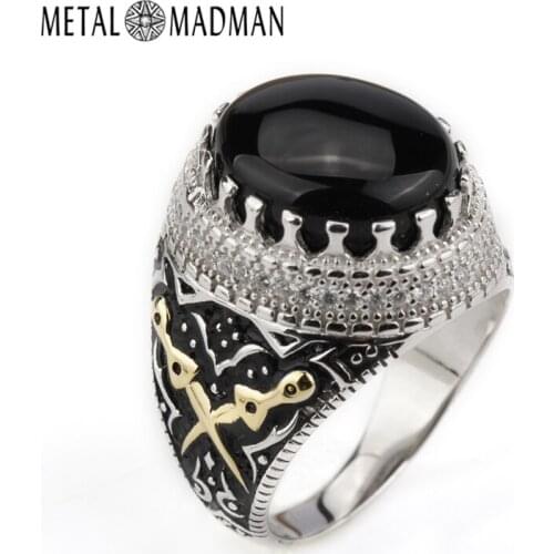 Agate Ring 925 Sterling Silver for Men Big Black Agate Stone with Double Sword Clear CZ Men Finger Ring Fine Jewelry