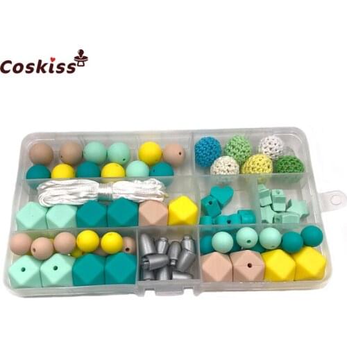 Baby Teether Toys Bright Colors Silicone Teething Kit Geometric Hexagon Silicone Beads Wooden Crochet Beads DIY Nursing Necklack