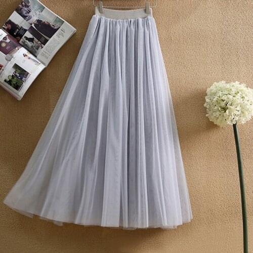 New Fashion Long Pleated Tutu Skirt With Lined Womens Elastic High Waist 2021 Hot Sale Tulle Mesh Skirt Female Vintage Skirts