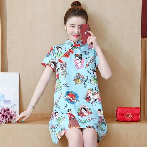 Cartoon Printing Sweet Girl Hanfu Qipao Women Vintage Short Cheongsam New Blue Tang Suit Chinese Traditional Dress Plus Size