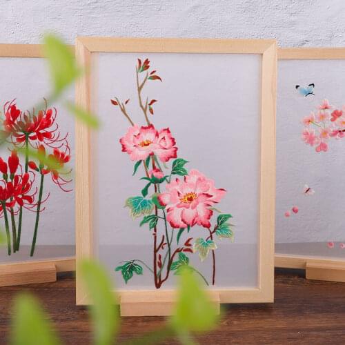 Chinese Flower DIY Transparent Embroidery Kit Cross Stitch with Wooden Frame Needlework Art Unfinished Handwork Craft Gift