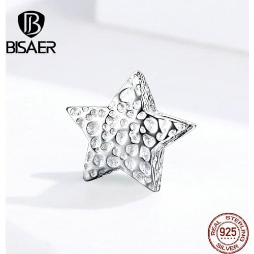 BISAER Luminous Star Beads Authentic 925 Sterling Silver Star Shape Charms fit Women Bracelets Bangle DIY Jewelry ECC1246