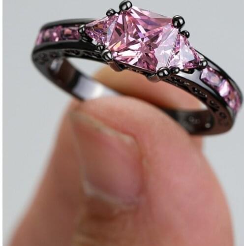 Vintage Female Pink Crystal Stone Ring Charm 14KT Black Gold Wedding Rings For Women Luxury Bride Square Zircon Engagement Ring