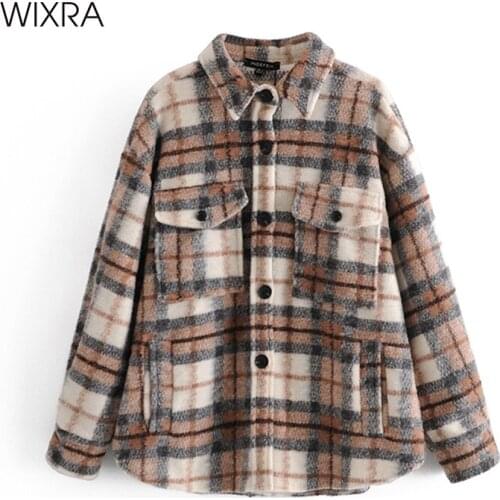 Wixra New Plaid Jacket Coat Ladies Single Breasted Turn Down Collar Long Sleeve Female Pockets Casual Tops For Women