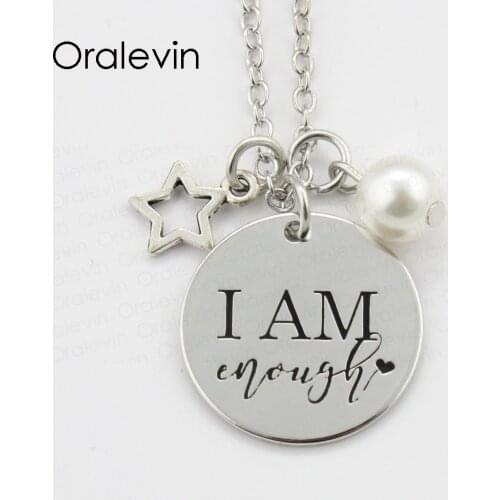 I AM ENOUGH Inspirational Hand Stamped Engraved Glamour Creative Pendant Necklace for Women Gift Jewelry,10Pcs/Lot, #LN2266