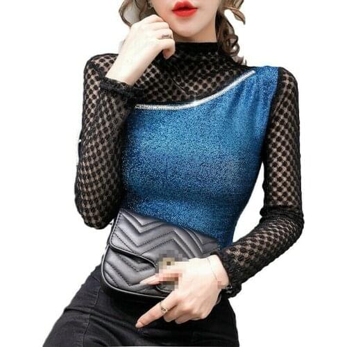 Womens Crystal Glitter Perspective Blouse Long Sleeve Slim Collared Club Sexy B